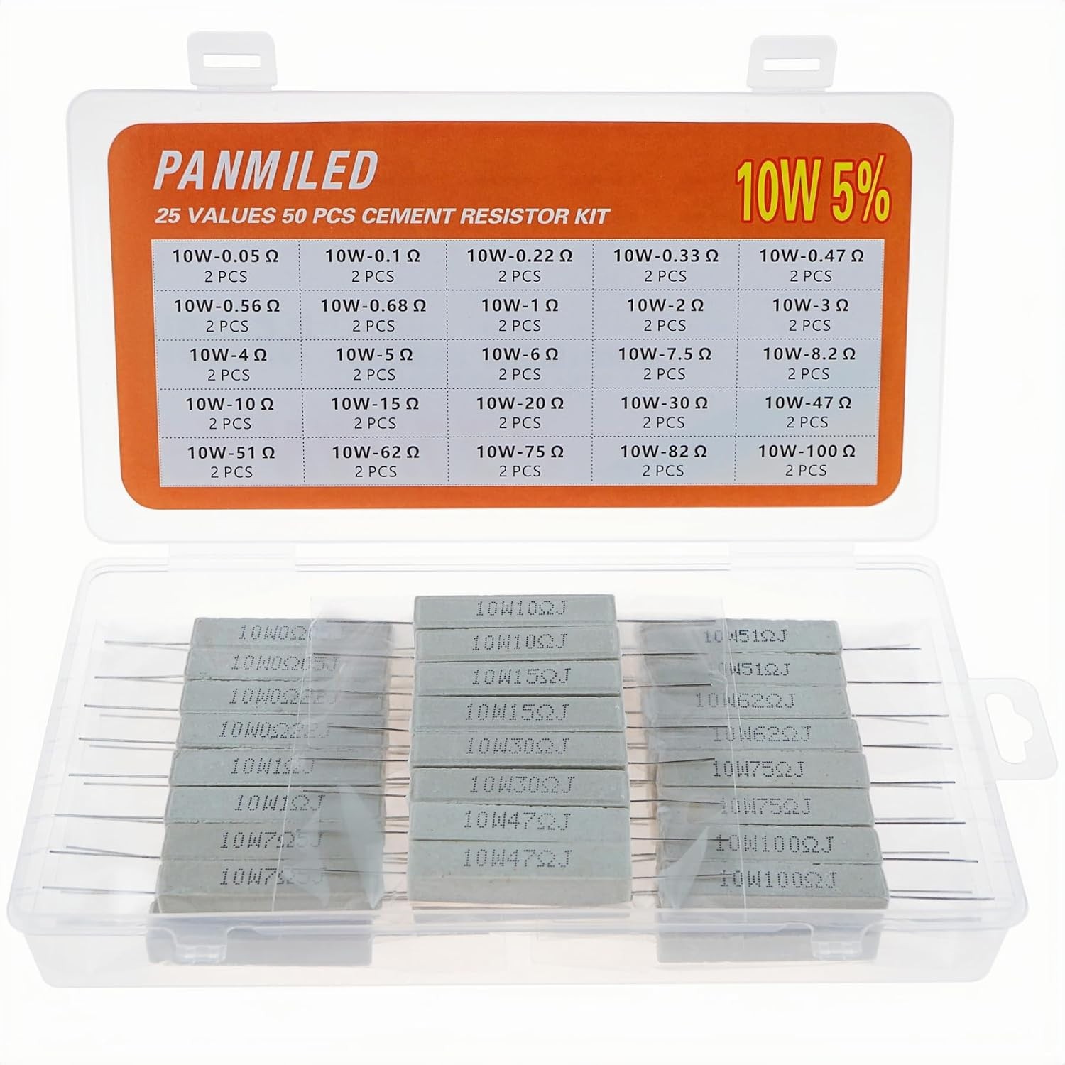25 Values 50 Pieces Cement Resistor KIT 10W ±5% Ceramic Power Resistors 10 Wa…