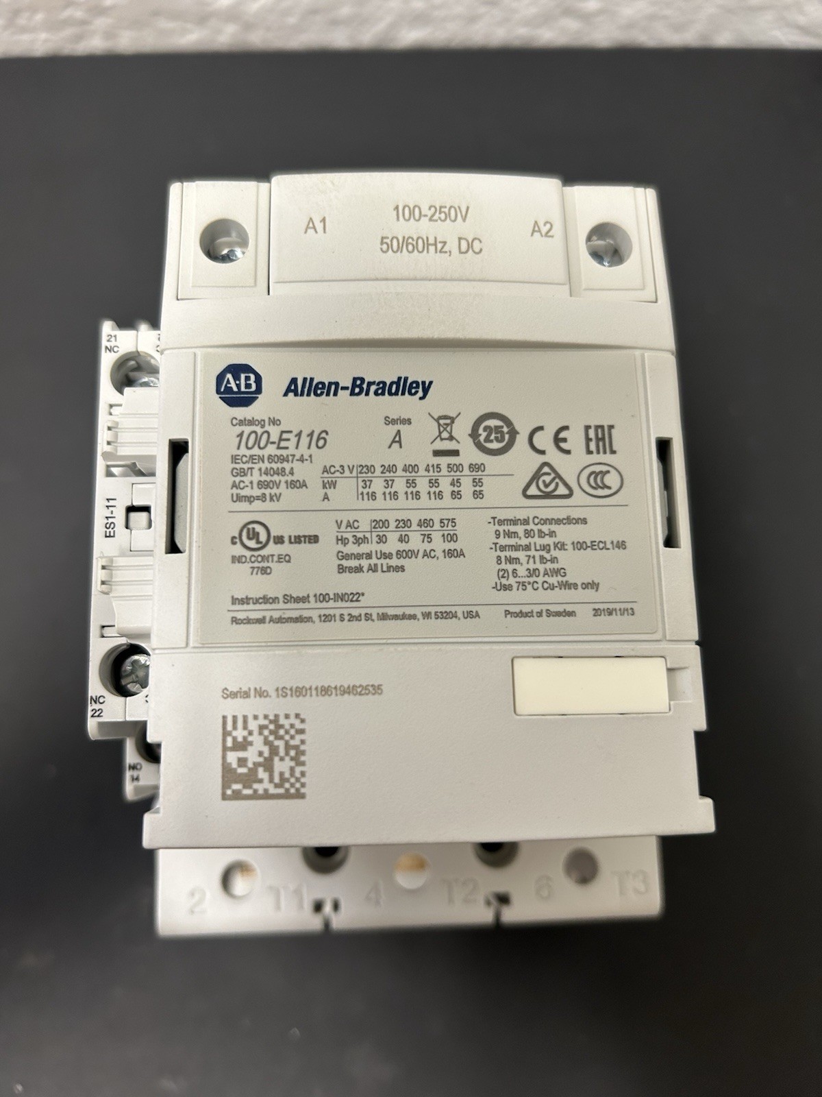 Allen-Bradley 100-E116KD11 Contactor 3-Pole 116A 100-250V AC/DC