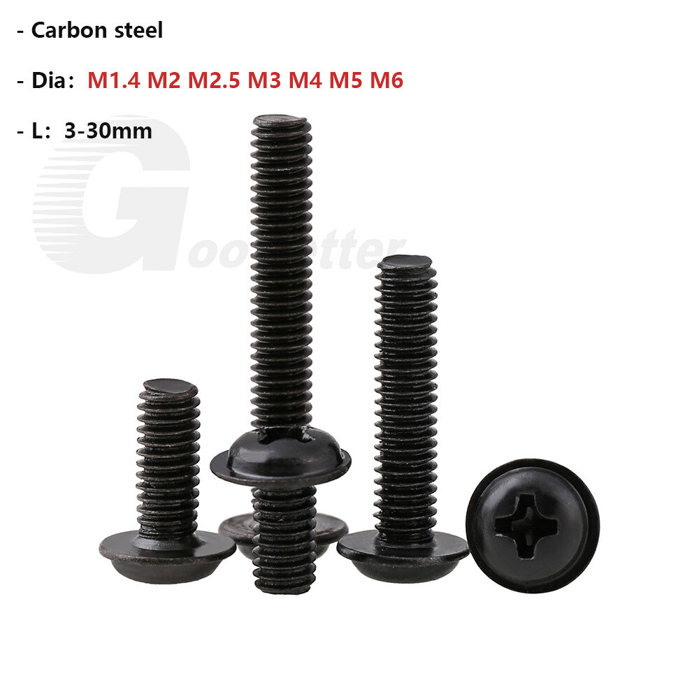 M1.4 M2 M2.5 M3 M4 M5 M6 Flange Phillips Pan Head Machine Screws Bolt Black Zinc