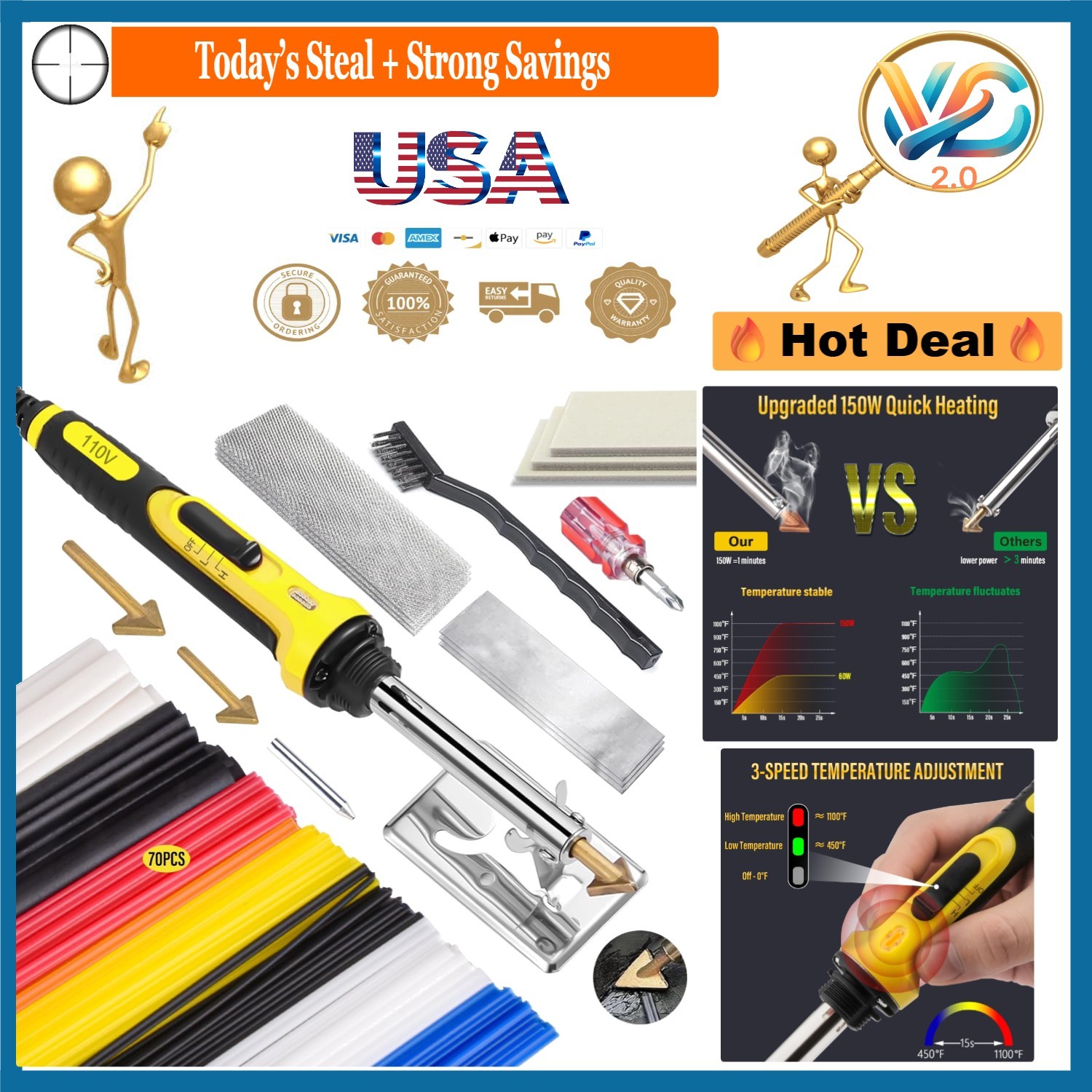 Professional 150W Plastic Welding Kit with 70 Rods 3 Tips for Car Bumper Kaya…