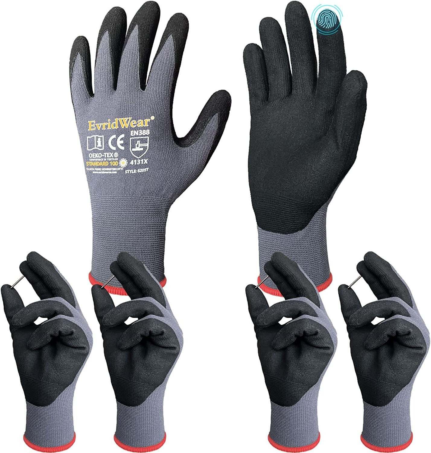 EvridWear Safety Work Gloves, Touchscreen Micro-Foam Nitrile Coated Unisex Glove