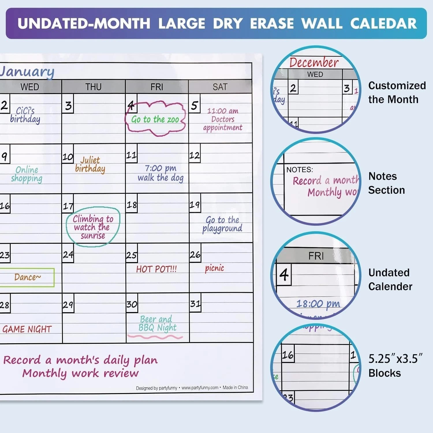 Wall-Mounted Extra Large Dry Erase Calendar: Includes Weekly & Yearly Planners