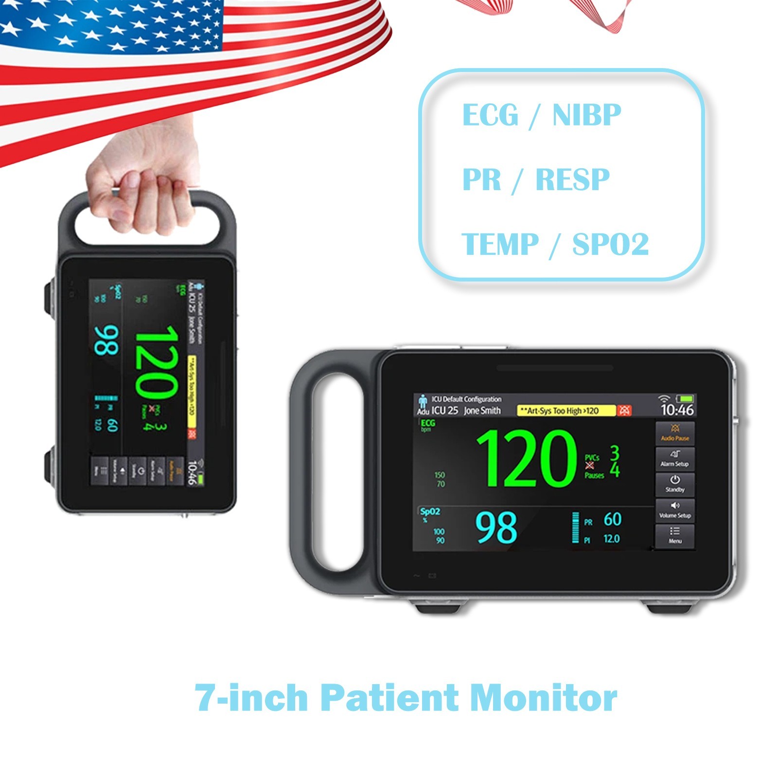 7″ Patient Monitor ICU CCU Vital Sign For Hospital ECG NIBP RESP TEMP SPO2 PR
