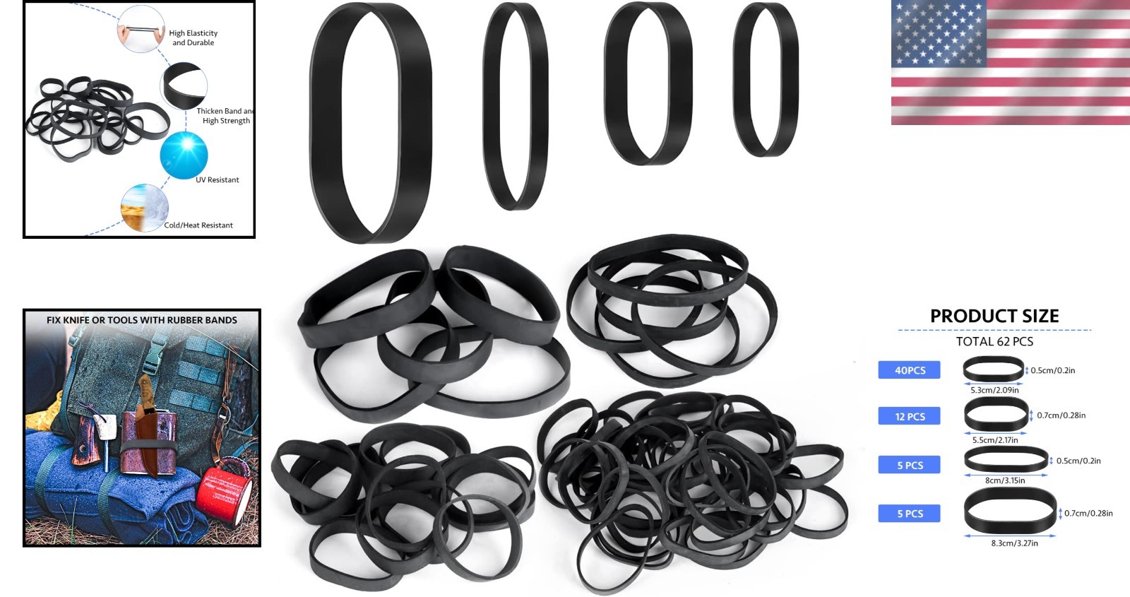62Pcs Tactical Heavy Duty Elastic Wide Thick UV Heat Cold Resistant Rubber Bands