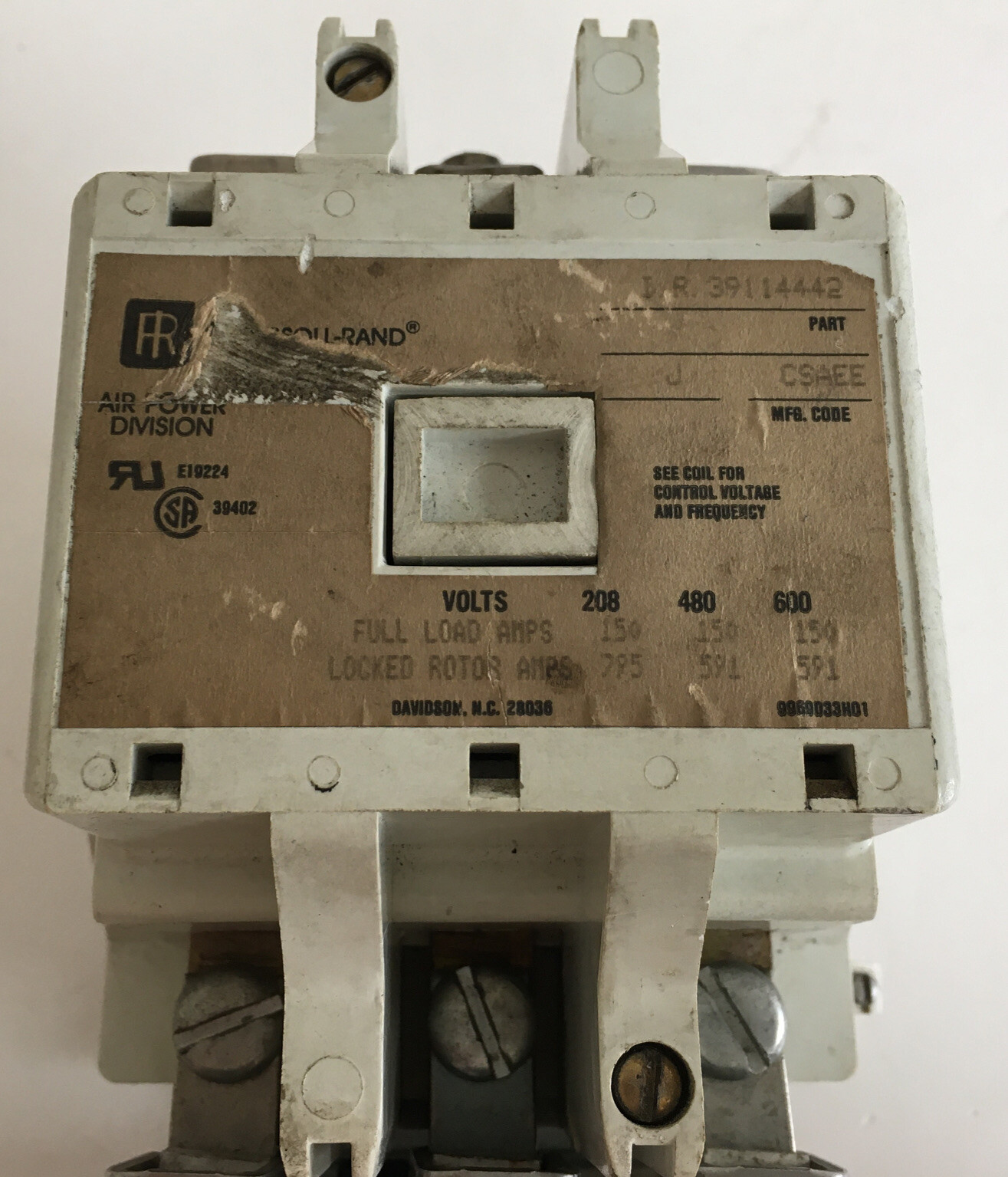 *Preowned* Ingersoll-Rand IR39114442 Motor Contactor 600V 110V 60Hz + Warranty!
