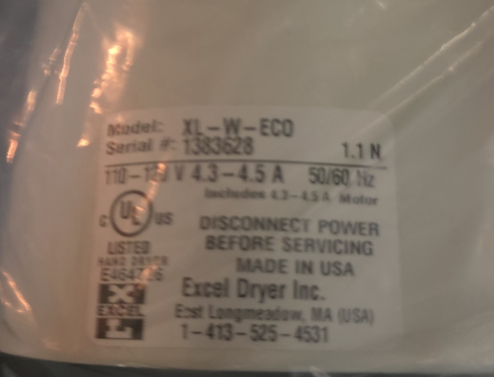 EXCEL DRYER XLERATOReco AUTOMATIC HAND DRYER WHITE (XL-W-ECO) *NEW OPEN BOX*