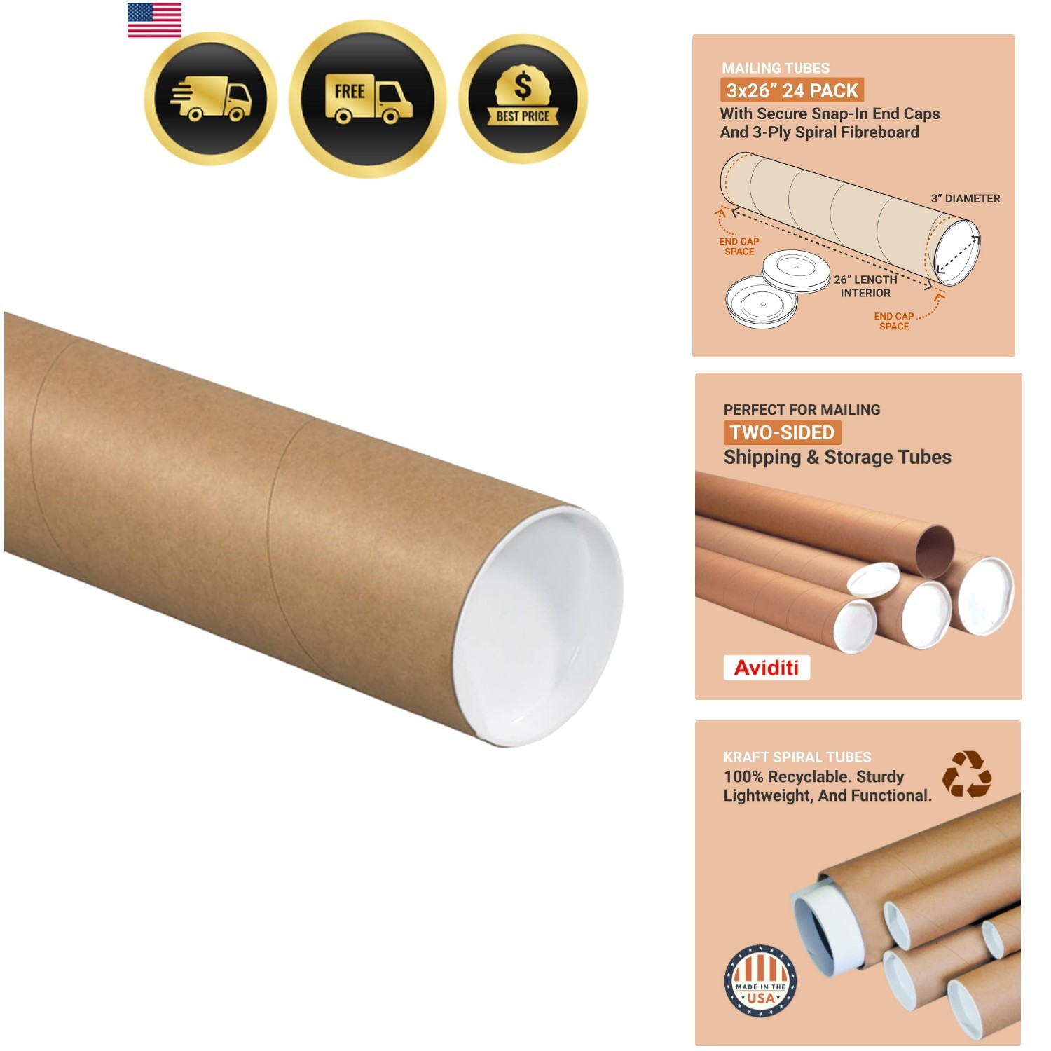 BOX BOX USA Mailing Tubes, 3″ W x 26″ H, 24-Pack – Round Corrugated Tubes fo…