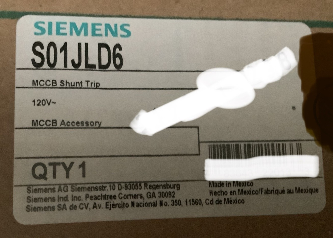 SIEMENS S01JLD6 Shunt Trip 120v mounts right side pole on breaker NEW
