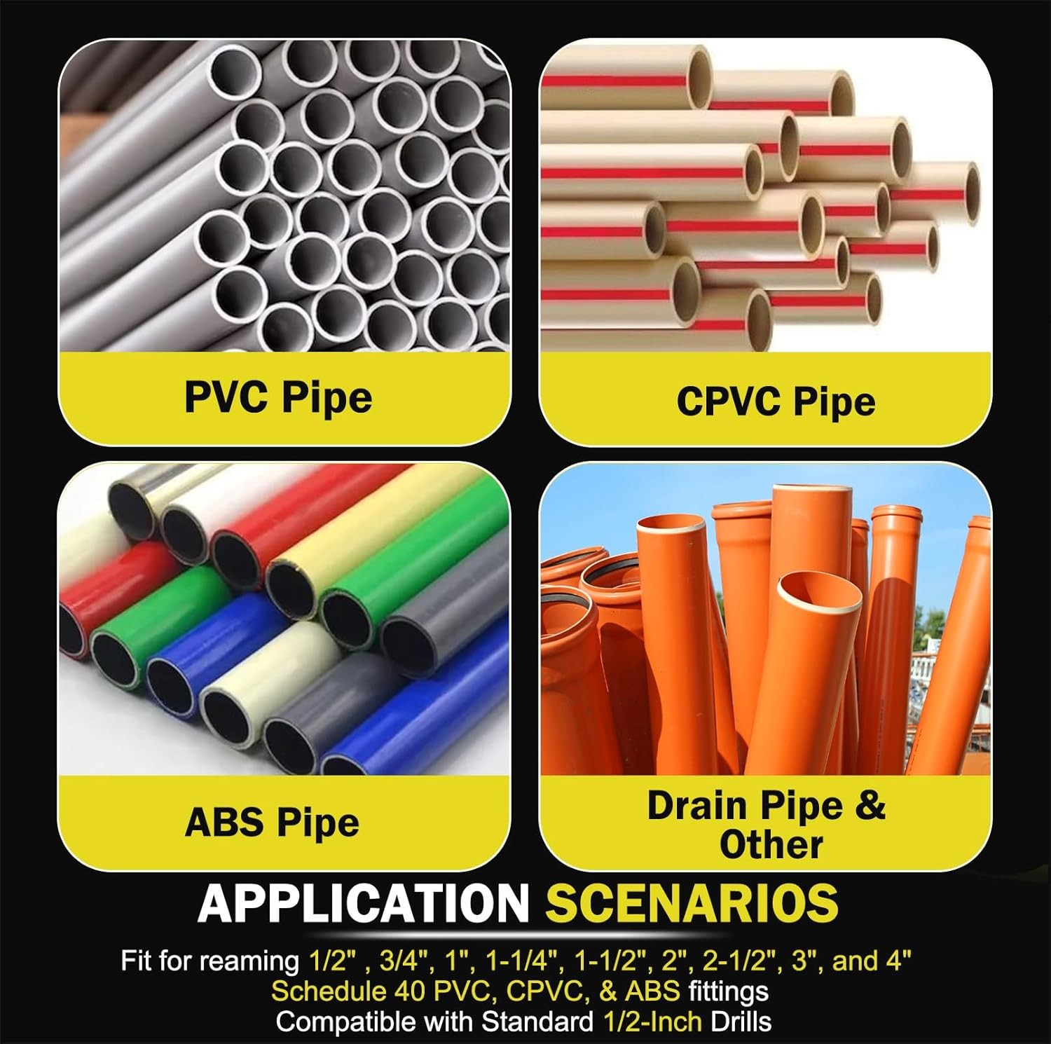 9PCS PVC Pipe Reamer Kit for Standard 1/2″ Drills, Fits 1/2″ to 4″ Pipes