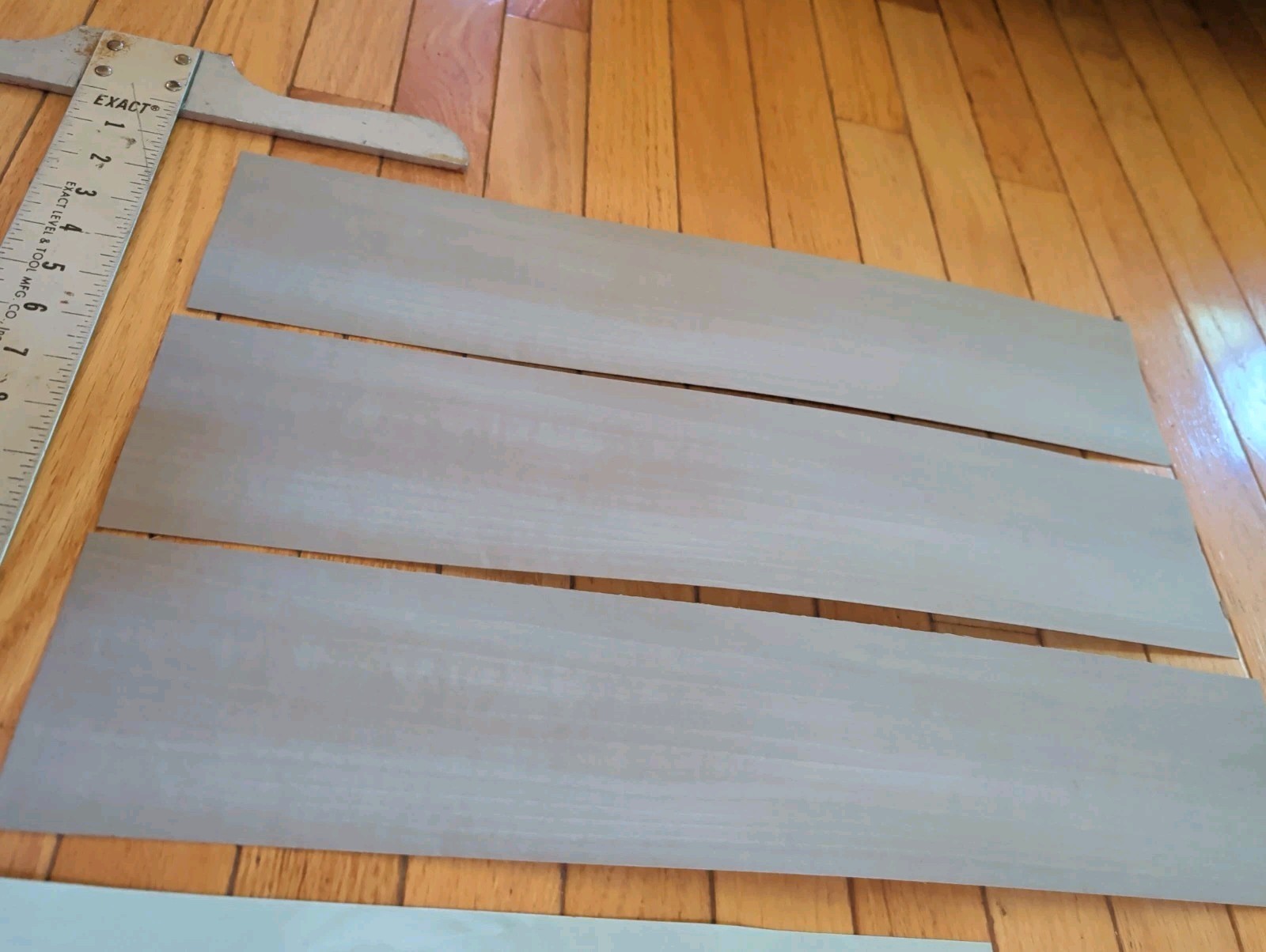 3 Pieces gray veneer 4 1/4″ x 21″ & 3 blue green pieces wood 1/42″ dyed