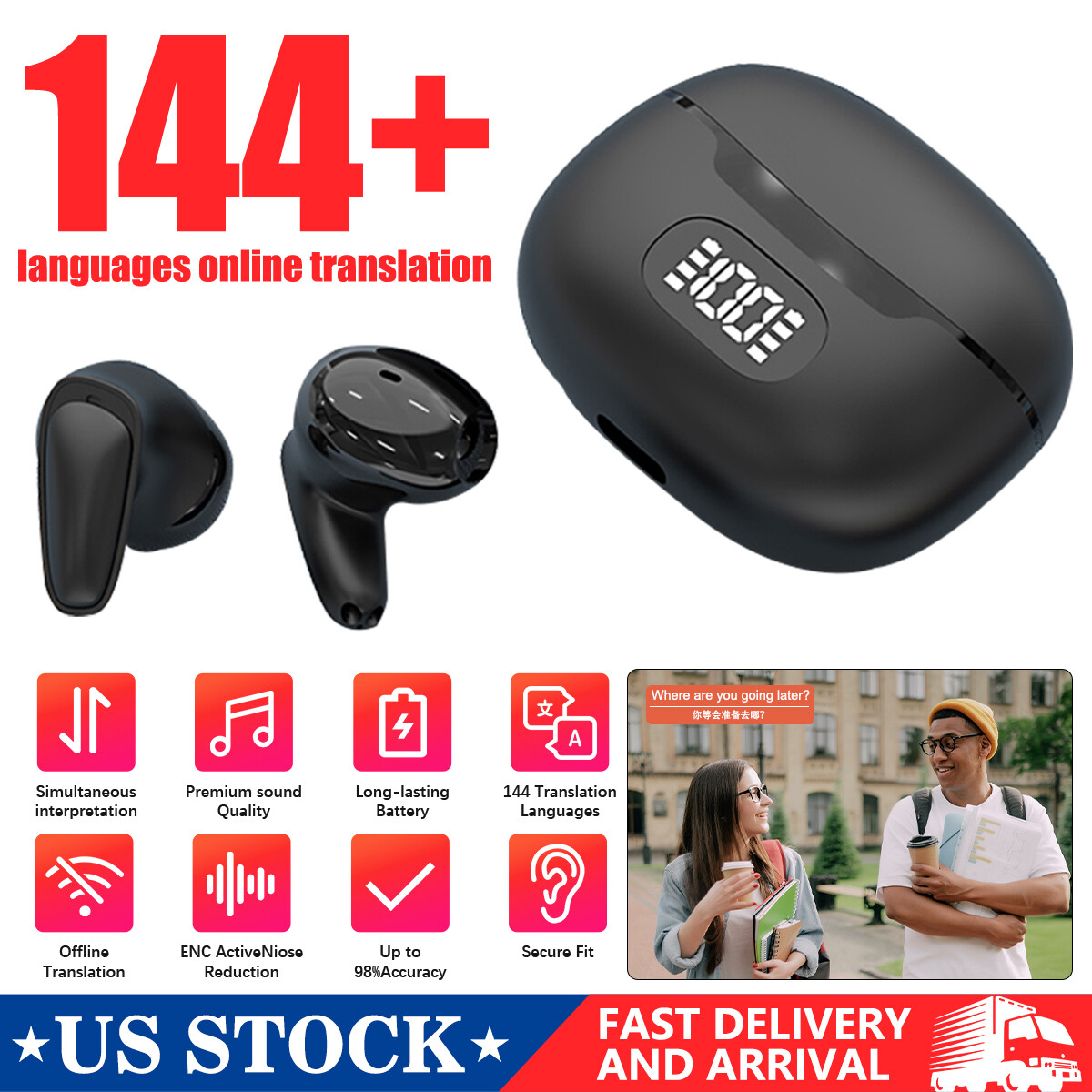 144 Language Translator Earbuds M8 Wireless Bluetooth Two Way Translator Device