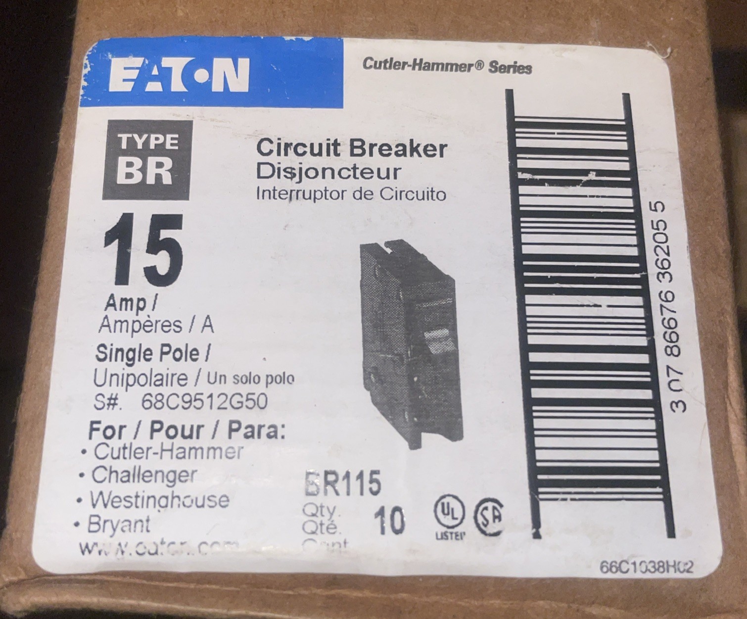 (LOT OF 10) NEW EATON BR115 15 AMP CIRCUIT BREAKERS SINGLE POLE 120/240 VAC