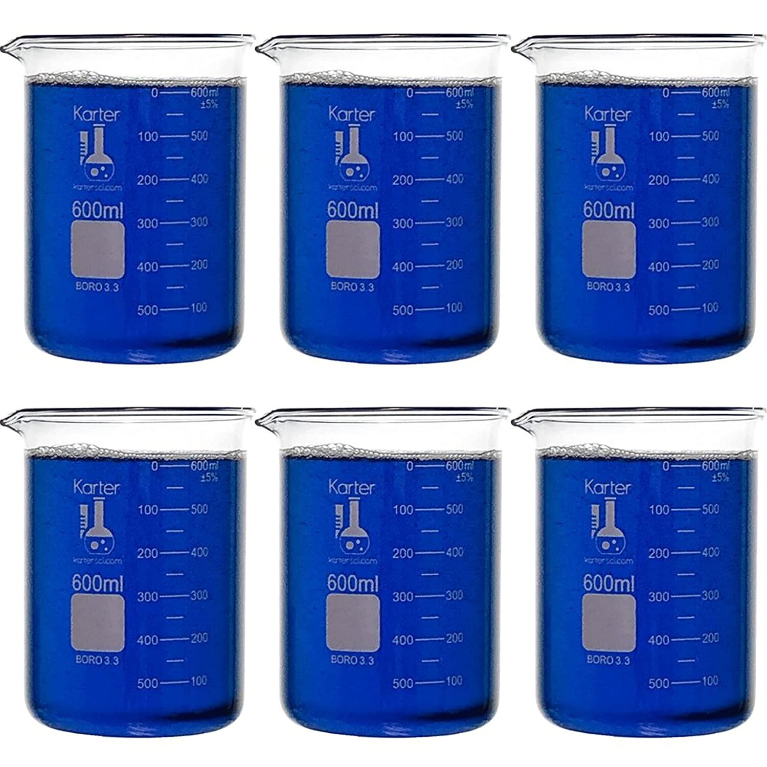 600ml Beaker, Low Form, Borosilicate 3.3 Glass, Double Scale, (2 Packs of 6)
