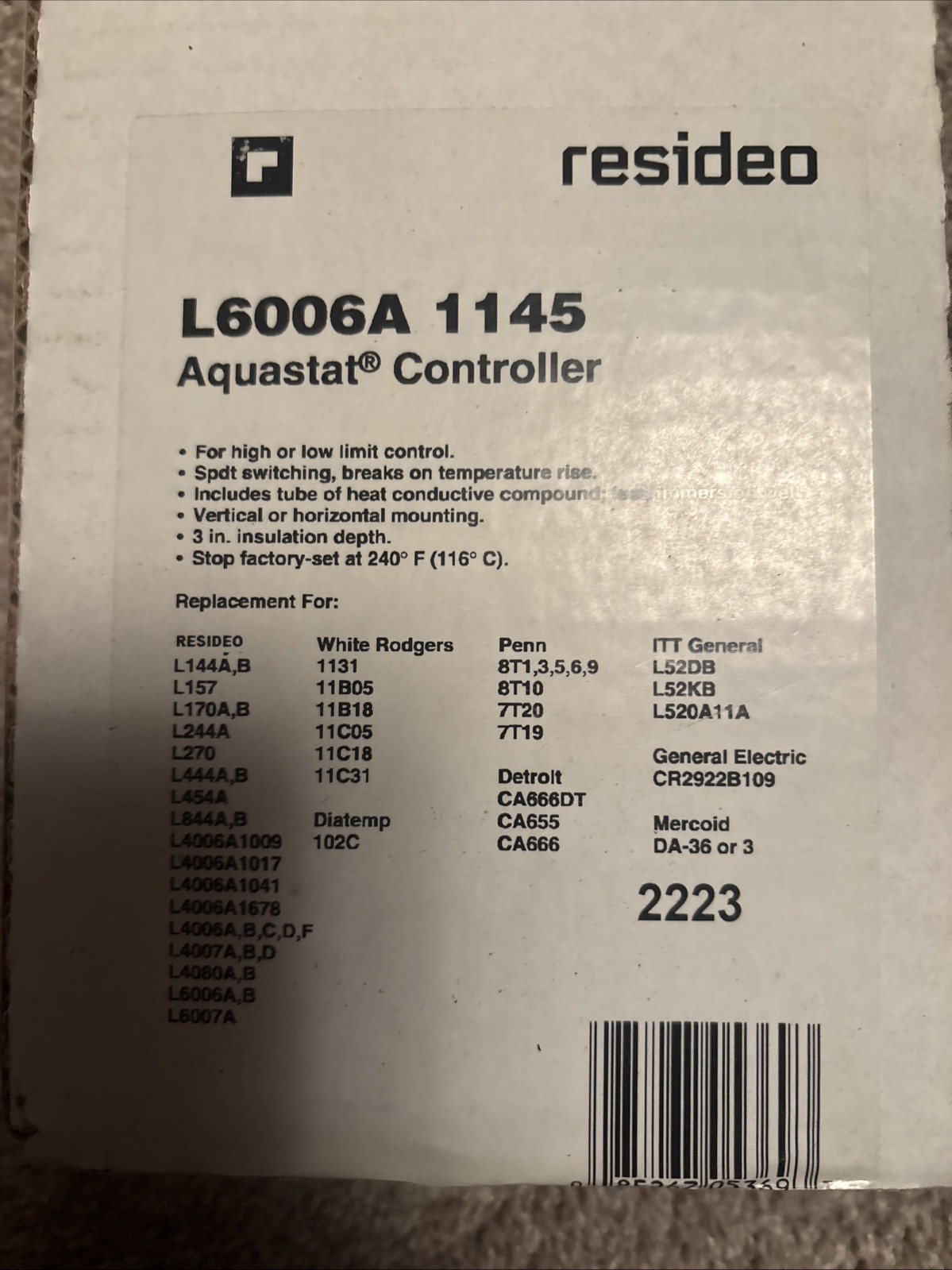 Honeywell L6006A1145 Aquastat Controller Resideo