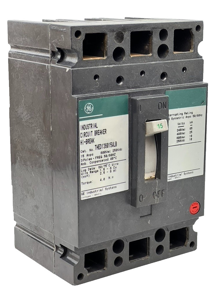GE THED136015WLB 3 Pole 15 Amp Circuit Breaker 600VAC 3P 15A — RUST READ