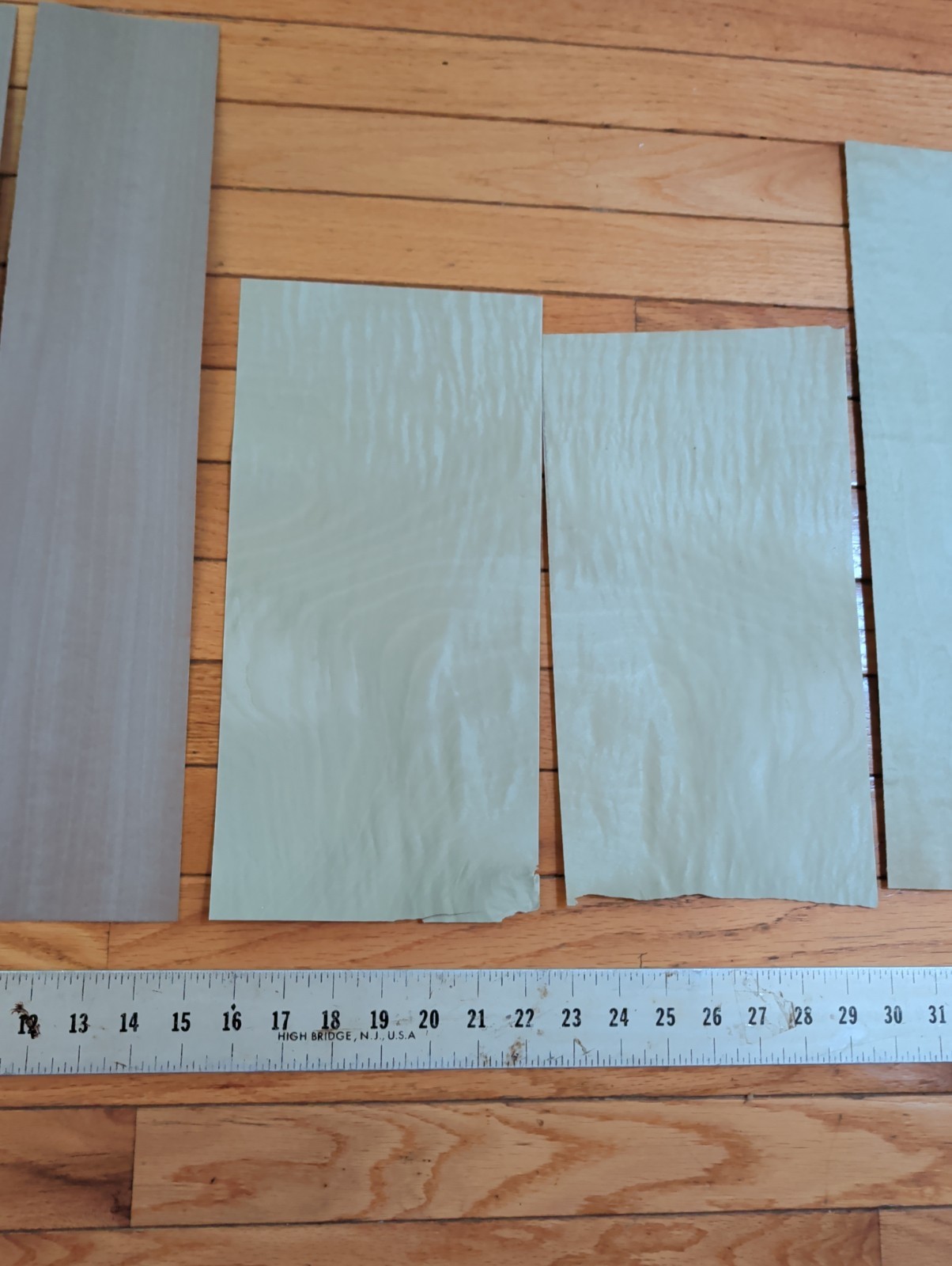 3 Pieces gray veneer 4 1/4″ x 21″ & 3 blue green pieces wood 1/42″ dyed
