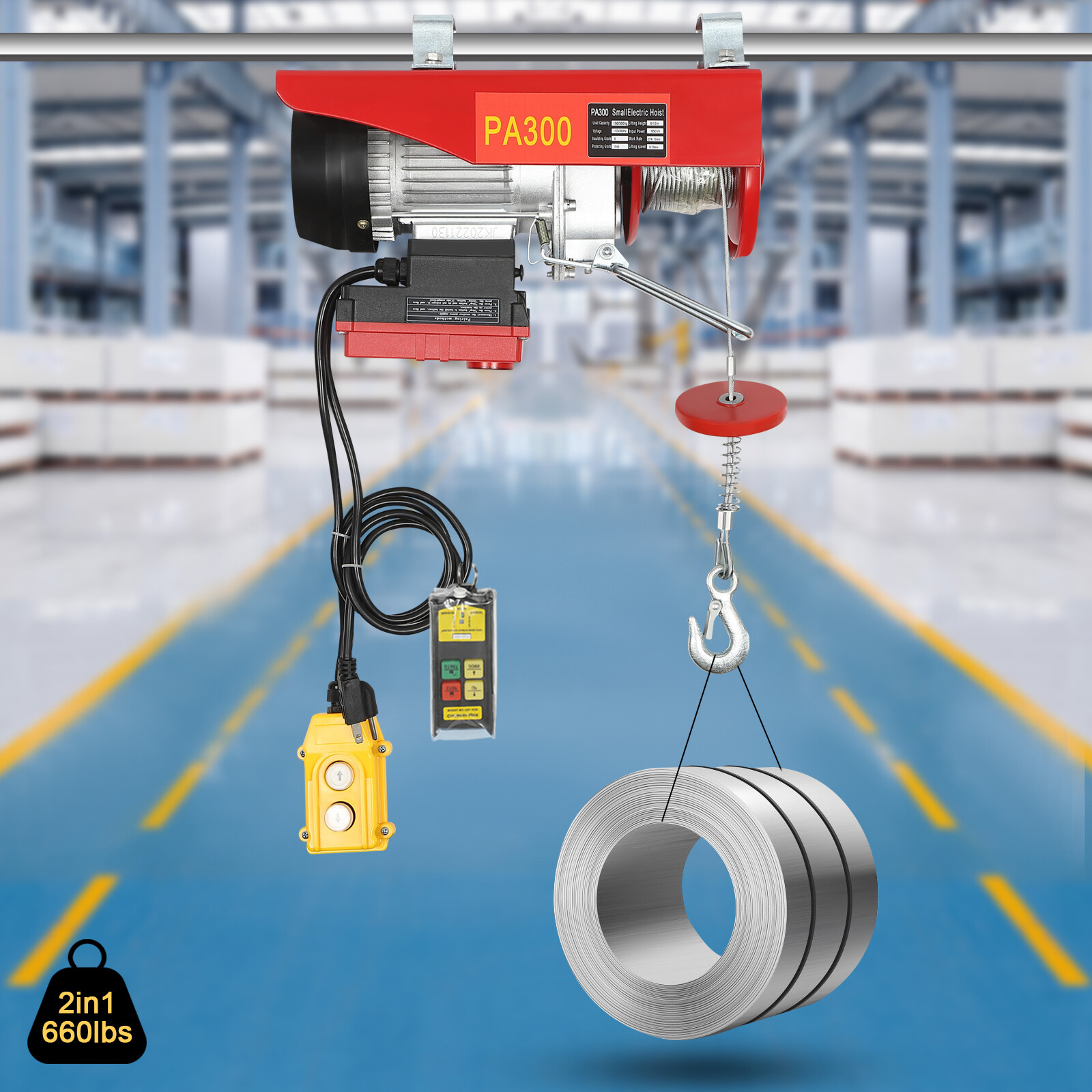 2-In-1 Electric Hoist Warehouses Single/Double Slings Electric Lift Winch 660lbs