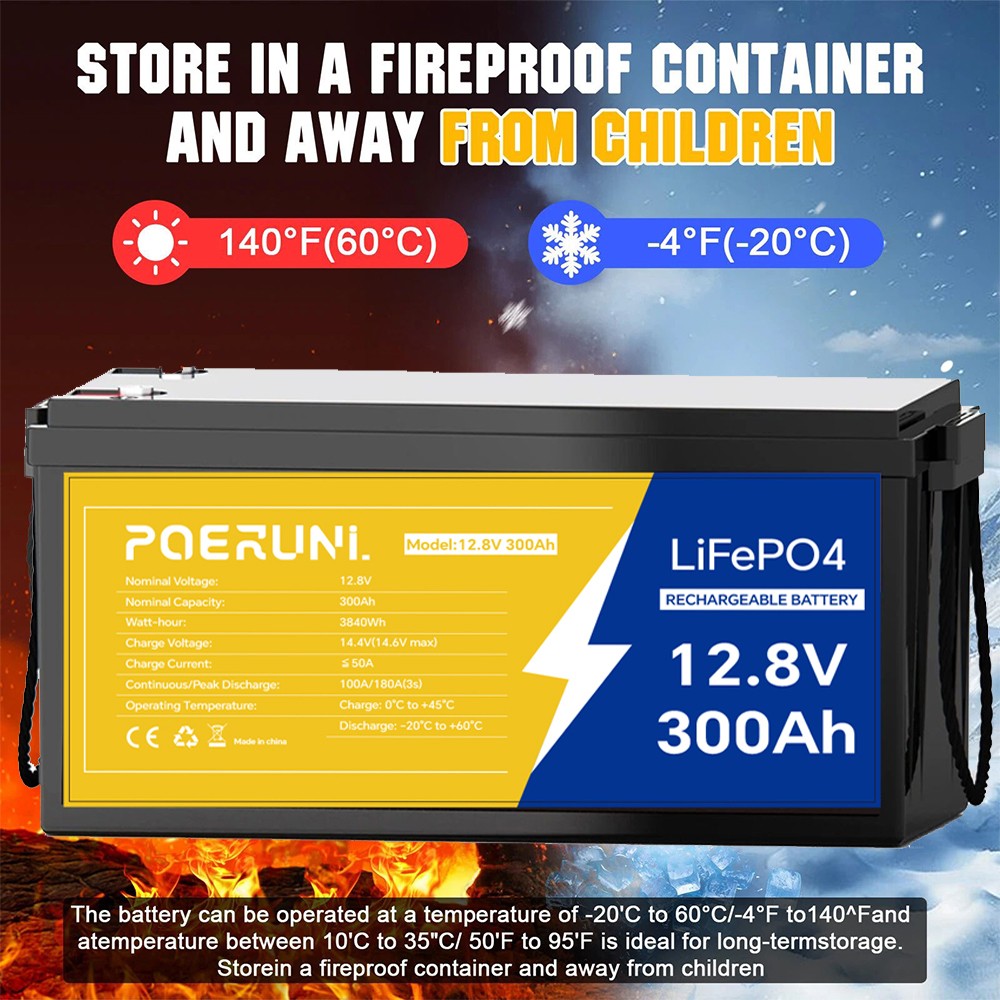 POERUNI 12V 300Ah LiFePO4 Battery 4000+ Deep Cycles 3840Wh 200A BMS for RV Solar