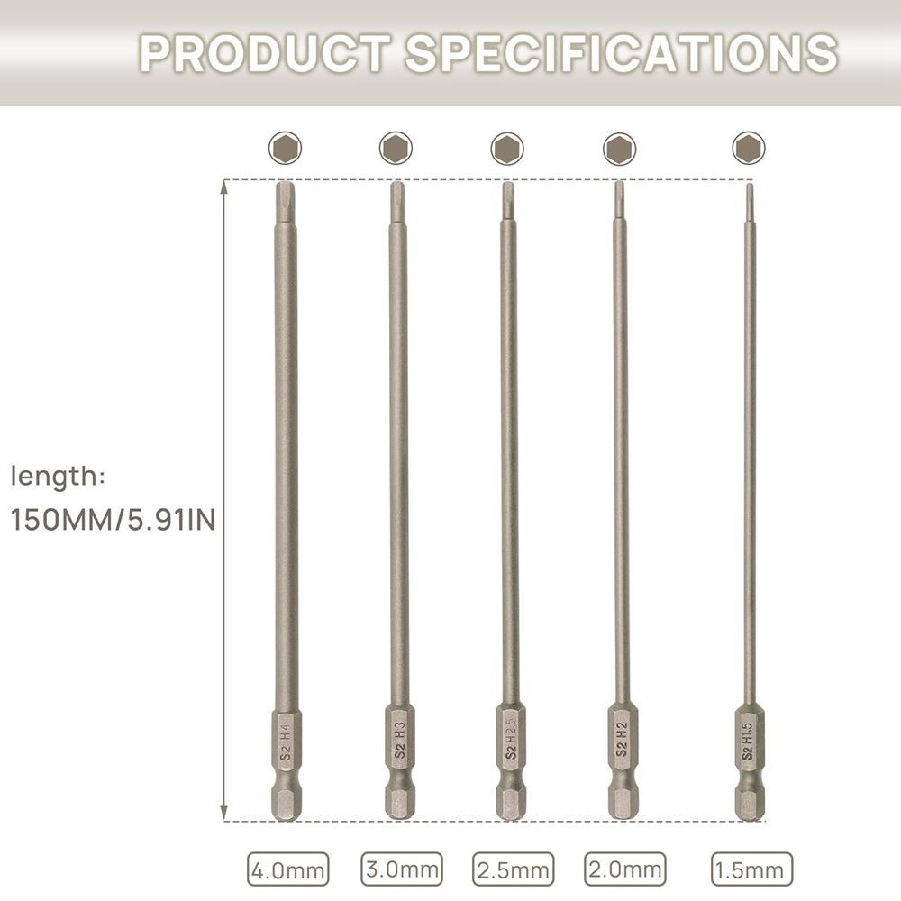5PCS RC Hex 6 Inch Power Bits 1.5mm 2.0mm 2.5mm 3.0mm 4mm Hex Head Allen C721