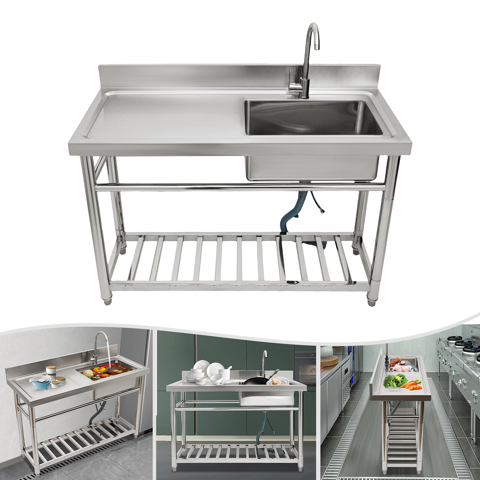 47″ Commercial Kitchen Sink Prep Table w/ Faucet Stainless Steel 1 Compartment