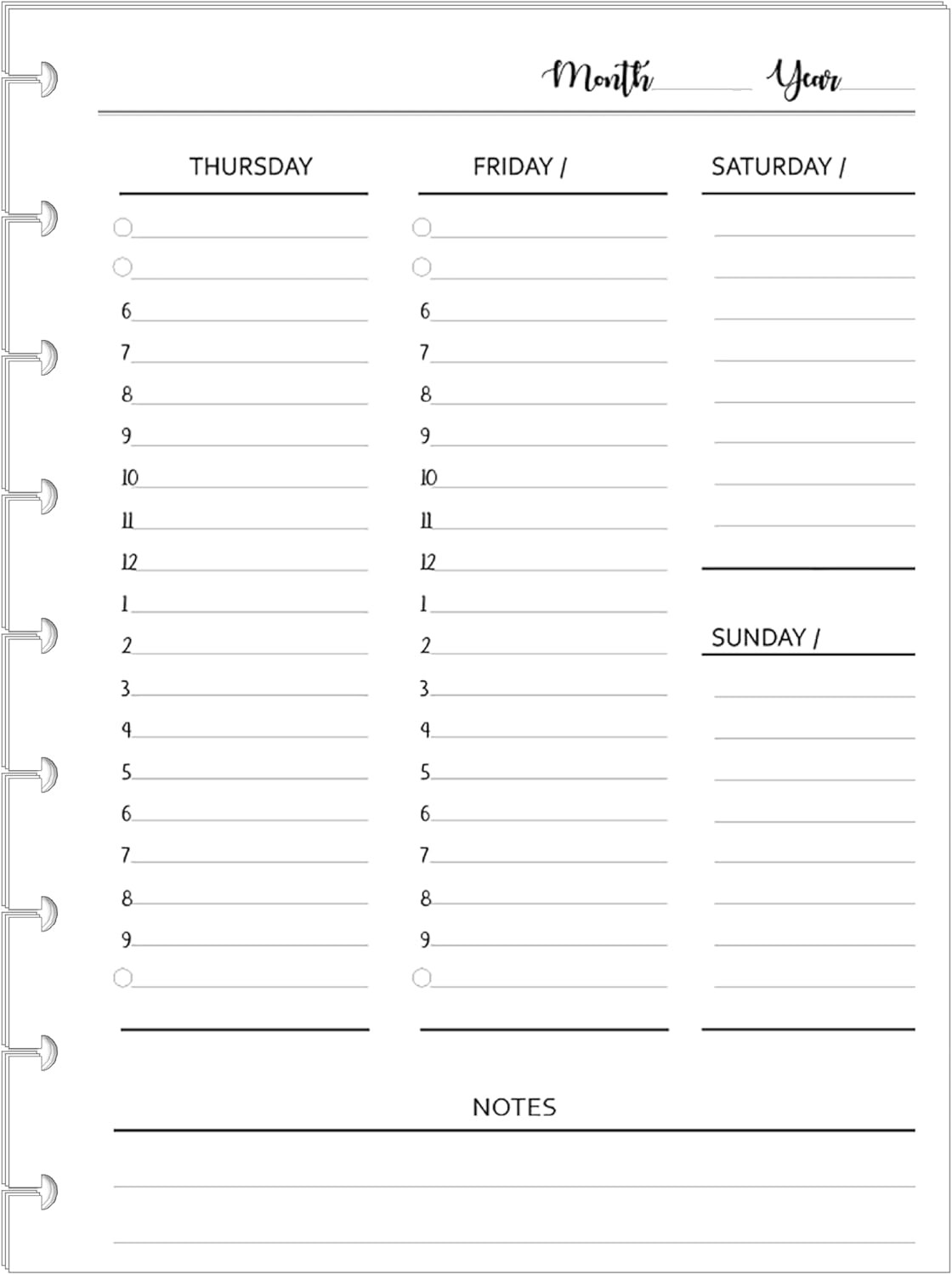 Undated Weekly Planner Inserts for 6 Months, Fits 9 Disc Planners Calendar Refil
