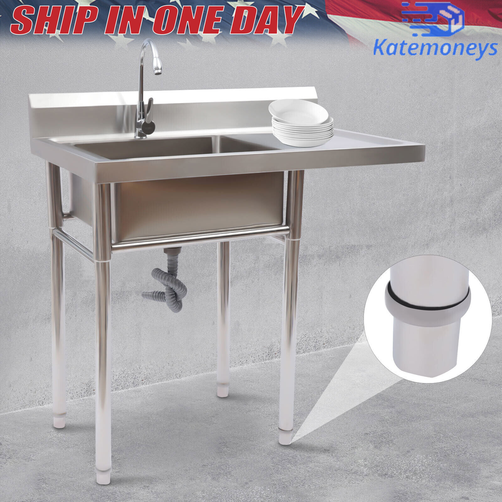 1 Compartment Commercial Utility & Prep Sink Kitchen Sink+Faucet Stainless Steel