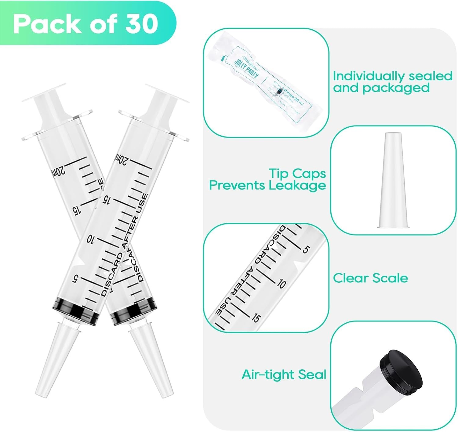 30 Pack 20Ml Syringes, Plastic Syringes with Catheter Tip and Cap, Individually
