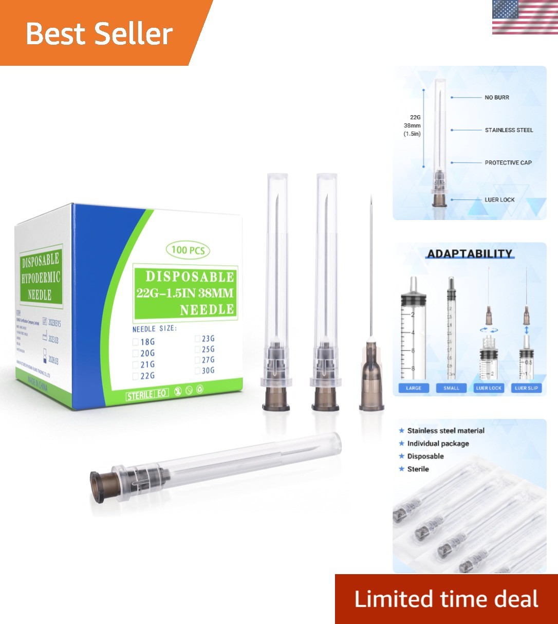 100 Sterile 22G 1.5″ Needles with Luer Lock – Perfect for Precise Dispensing