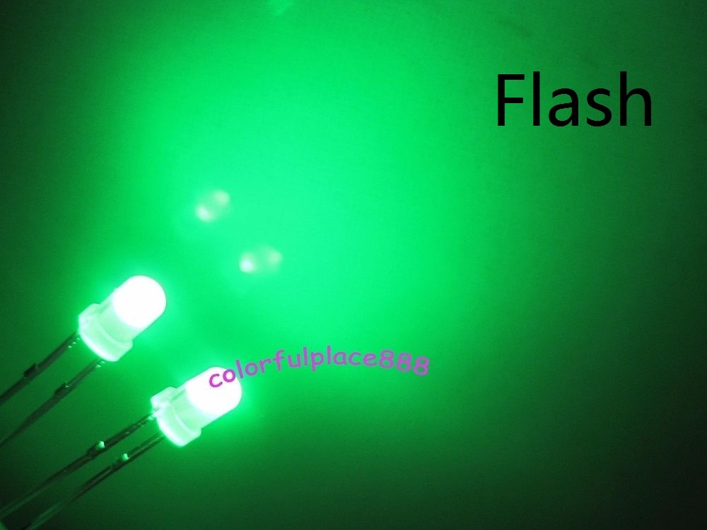 100pcs, 3mm Green Diffused Flash Flashing Blink Bright LED Leds with Green Lens