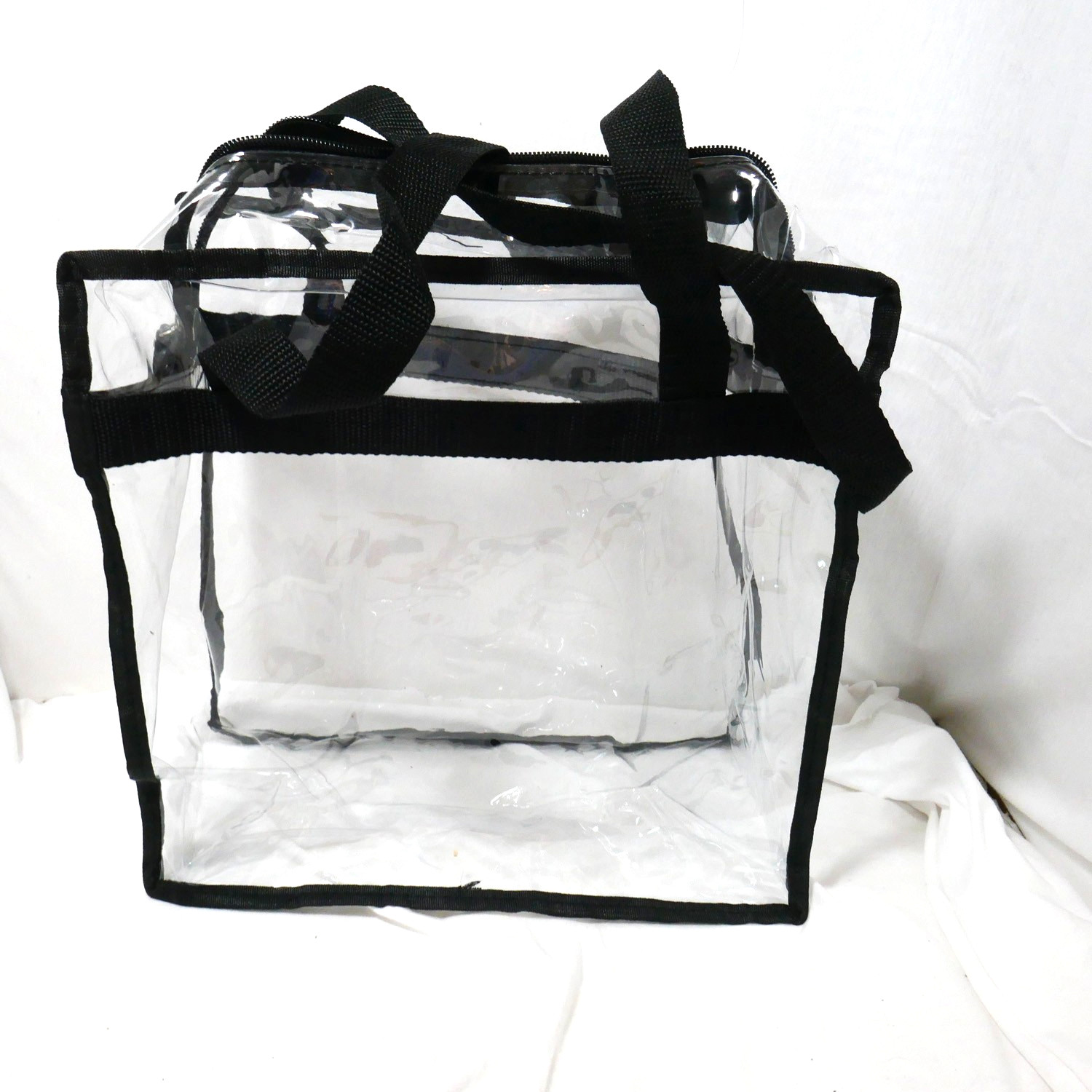clear PVC stadium-approved tote bag with black handles, events venues security
