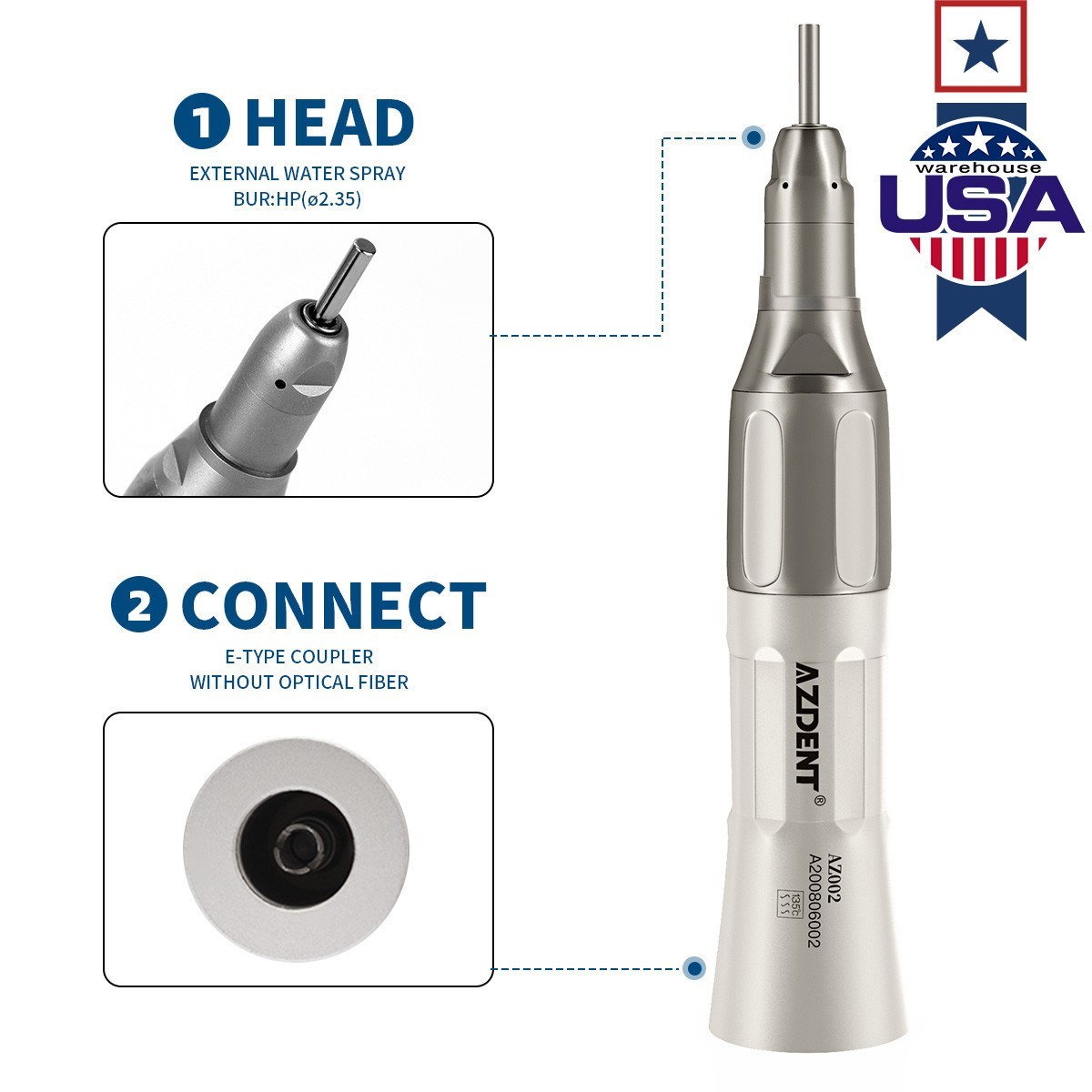 AZDENT Dental Lab Polishing HP 2.35MM Diamond Burs Stones /Straight Handpiece