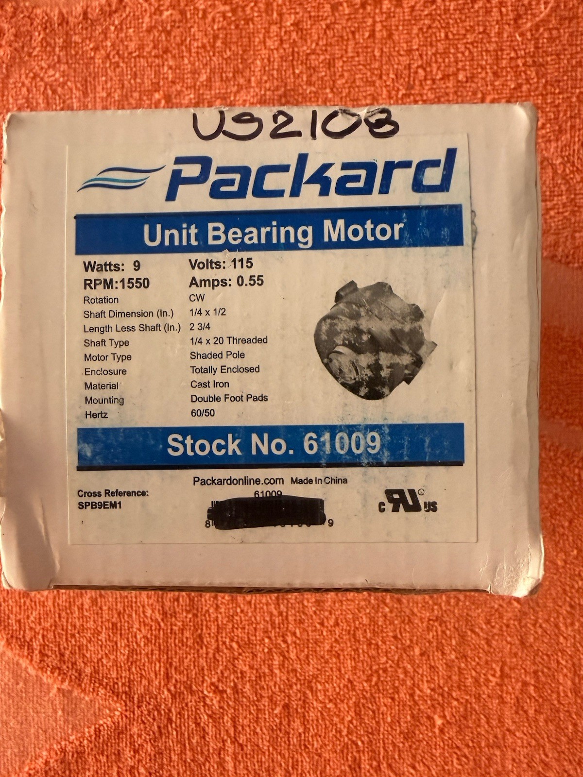 Packard 61009 CW Shaded Pole Unit Bearing Motor, 115V, 60/50 Hz, 9W, 1550 RPM