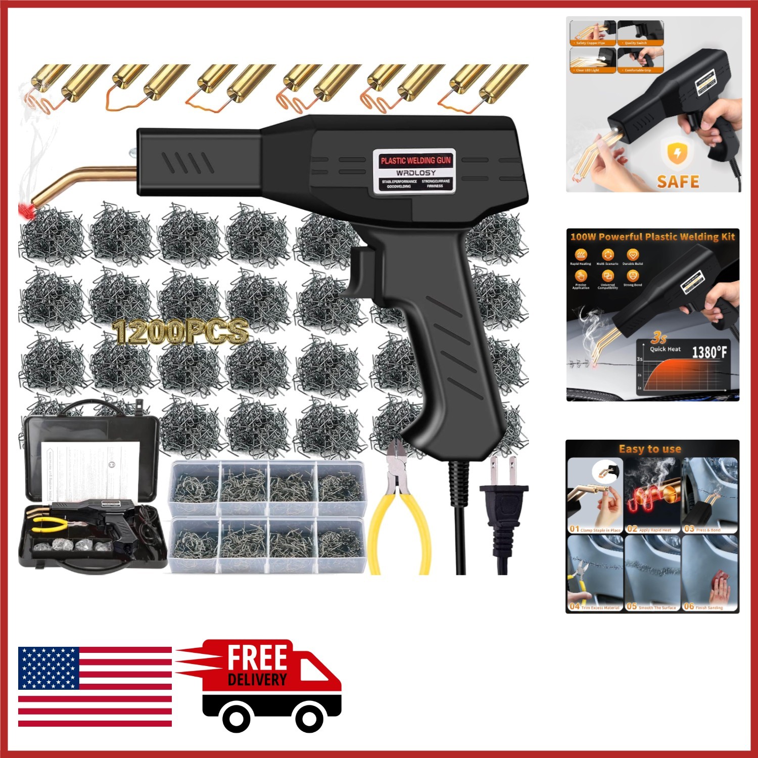 Instant On/Off Plastic Welder with 1200PCS Staples for Automotive and Household