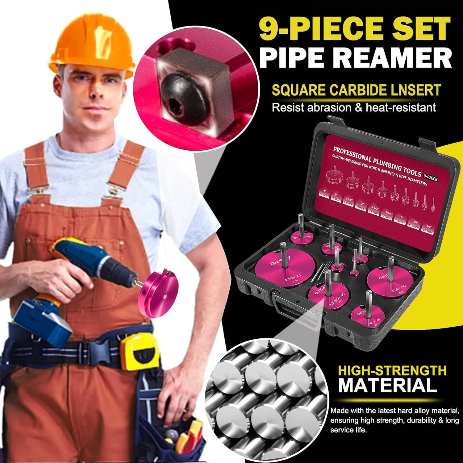 9PCS PVC Pipe Reamer Kit for Standard 1/2″ Drills, Fits 1/2″ to 4″ Pipes