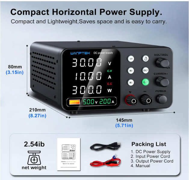 Fuente de alimentación DC 30V 10A con memoria, protección OCP y carga USB. Nuevo