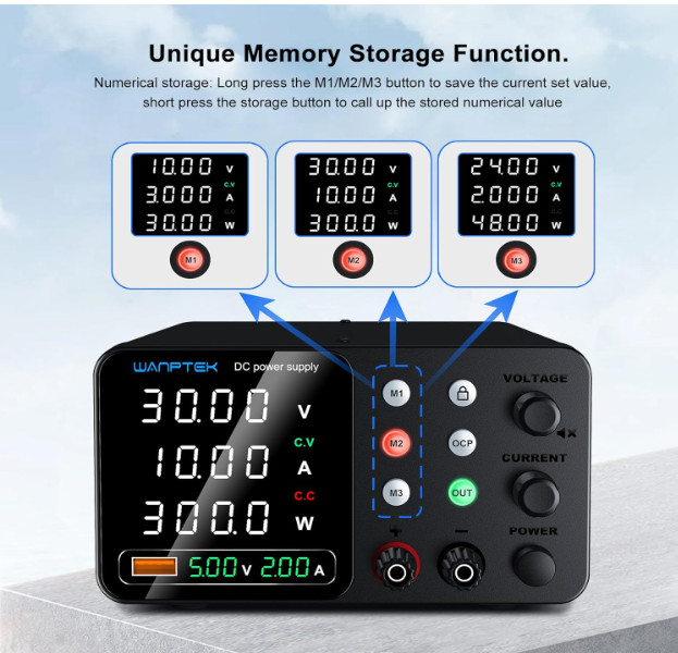 Fuente de alimentación DC 30V 10A con memoria, protección OCP y carga USB. Nuevo