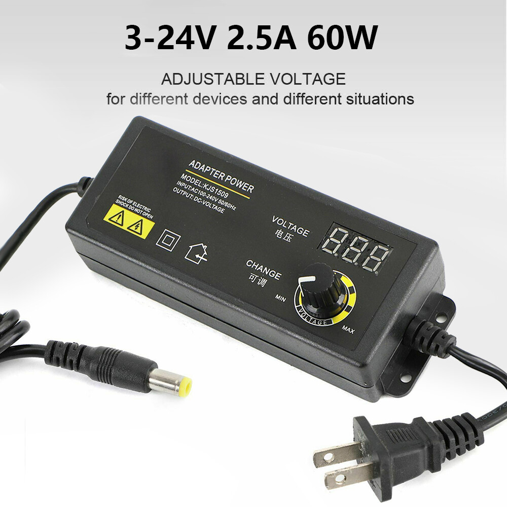 60W Power Supply Adjustable Variable Voltage DC 3V~24V Universal AC/DC Adapter
