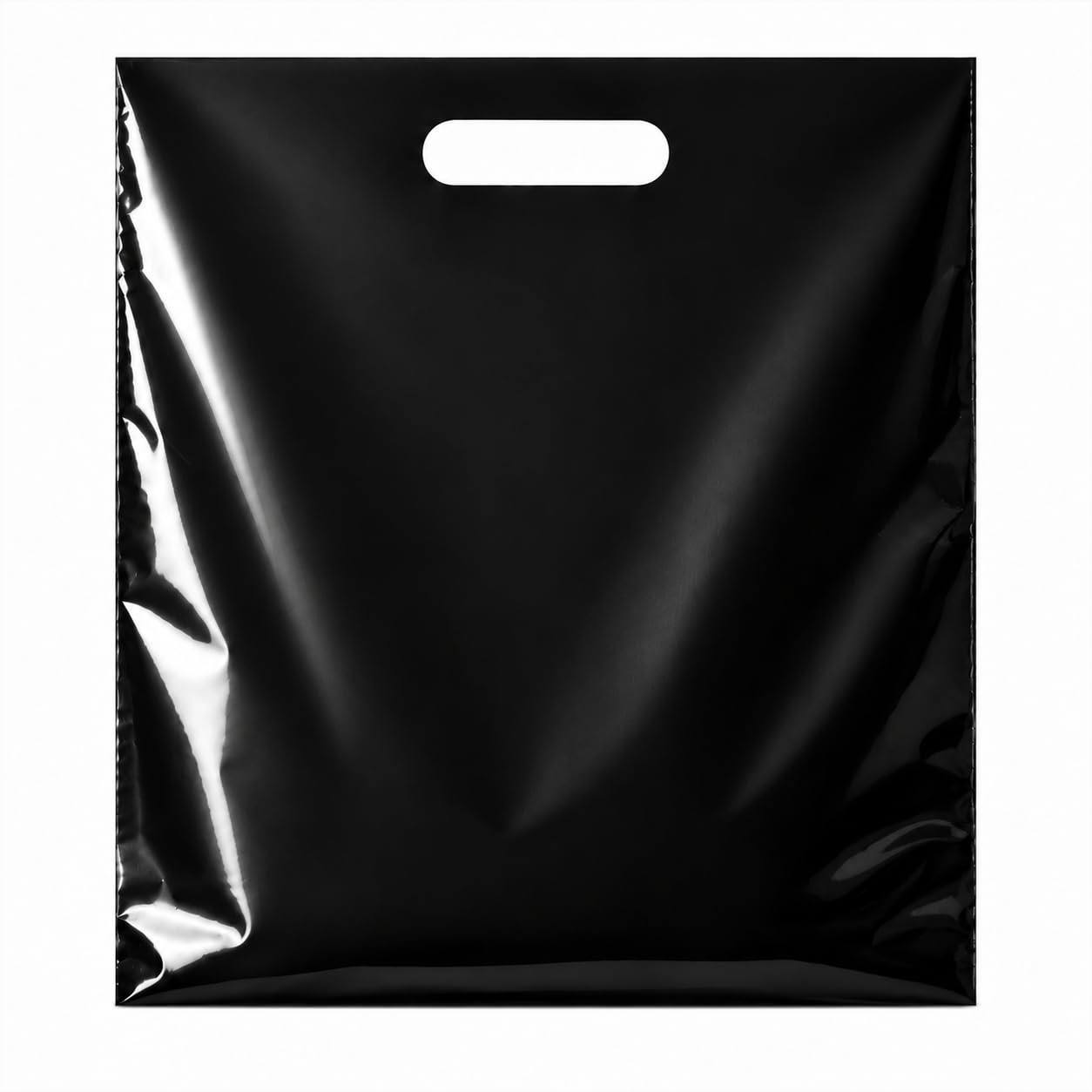 Purple Q Crafts 100 Pack Black Plastic Merchandise Bags with Die Cut Handles, 15