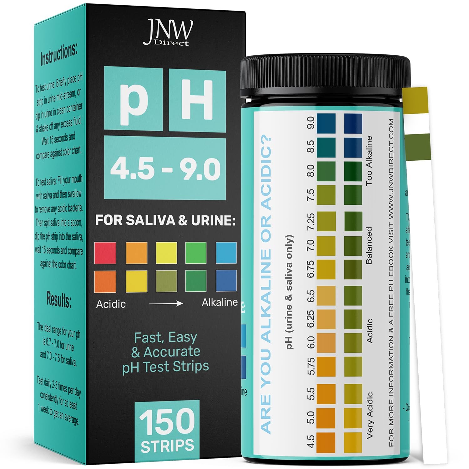 JNW Direct pH Test Strips for Urine and Saliva – 150 Strip Mega Value Pack