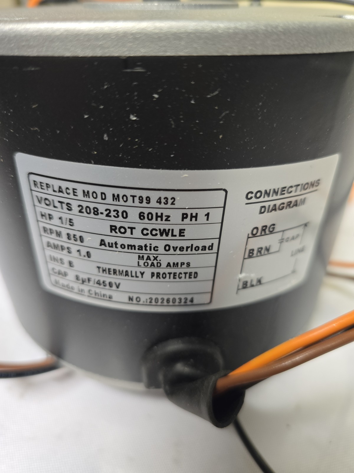 51-102008-03 Condenser Fan Motor 1/5 HP 230V for Rheem Ruud AC Heat Pump OEM