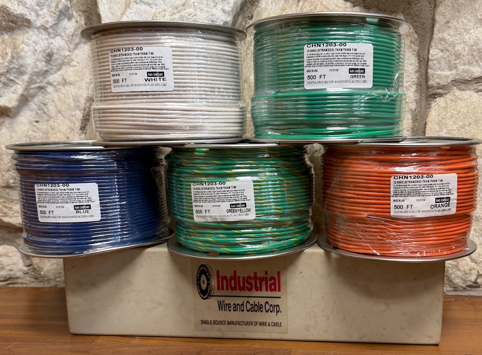 500 FT THHN/THWN WIRE. 12AWG STR BC 600 VOLT. MADE IN USA.WHT,ORG,BLK,orRED