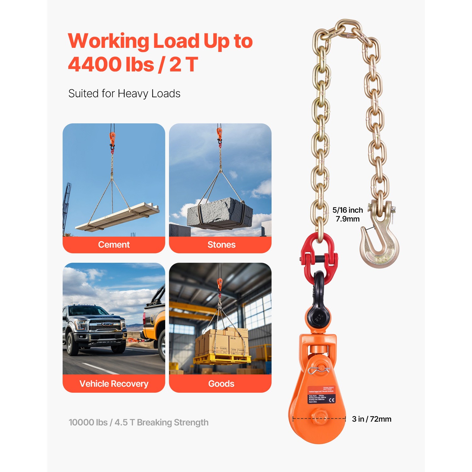 2 Ton 3″ Snatch Block with Chain Flatbed Tow Truck Rollback Car Carrier Cable