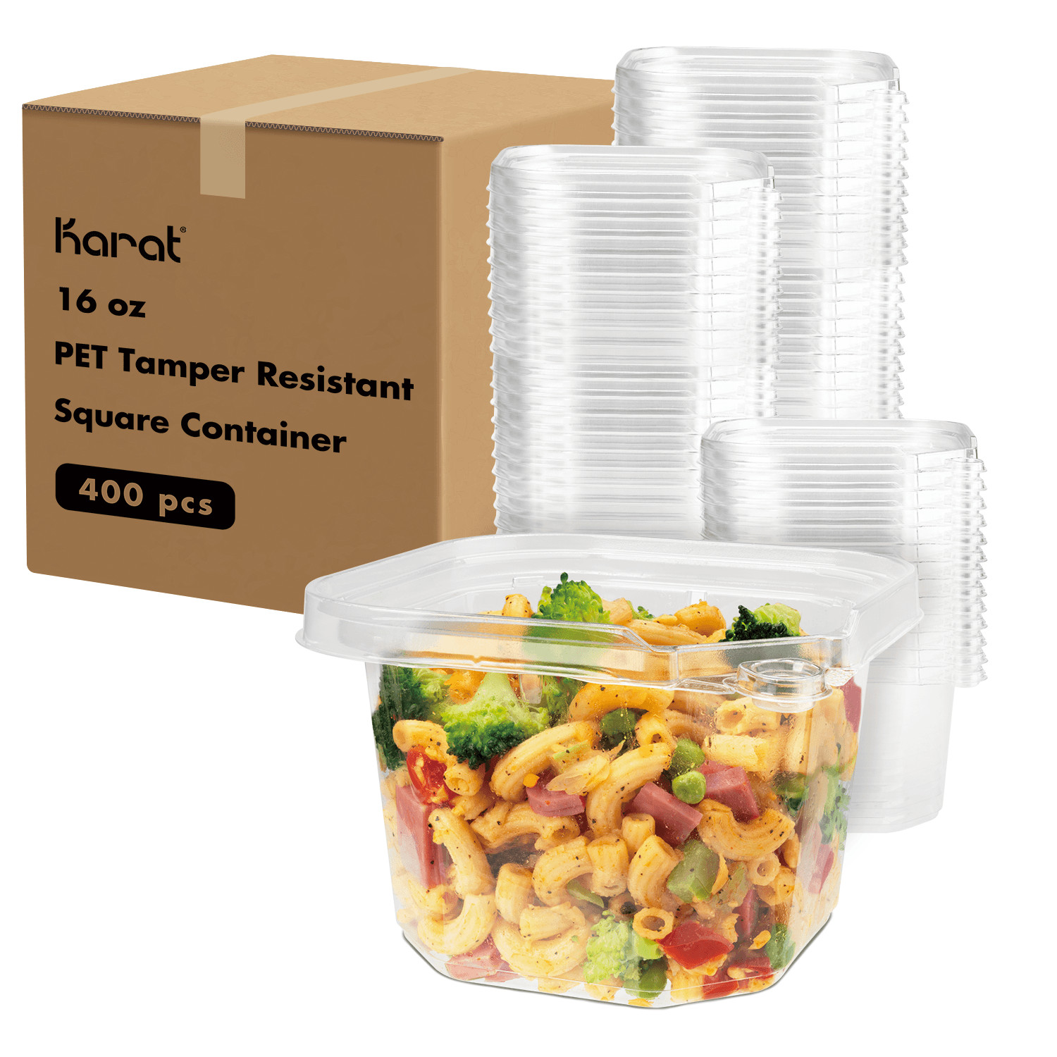 Karat 16oz PET Tamper Resistant Square Container, Clear – 400 pcs, TR-SC16PET