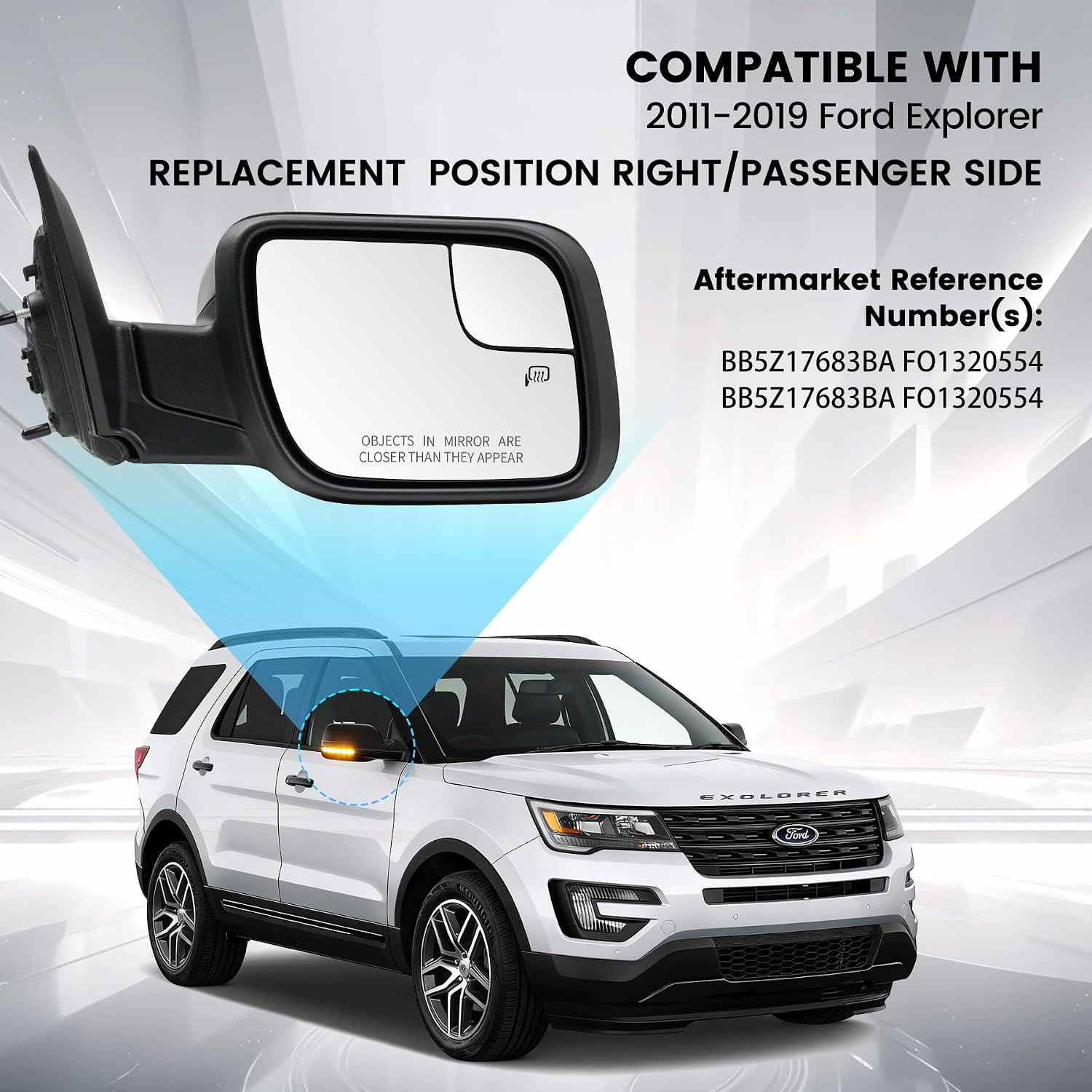 Passenger Right Side Door Mirror for Ford Explorer 2011-2019, with Heated Power