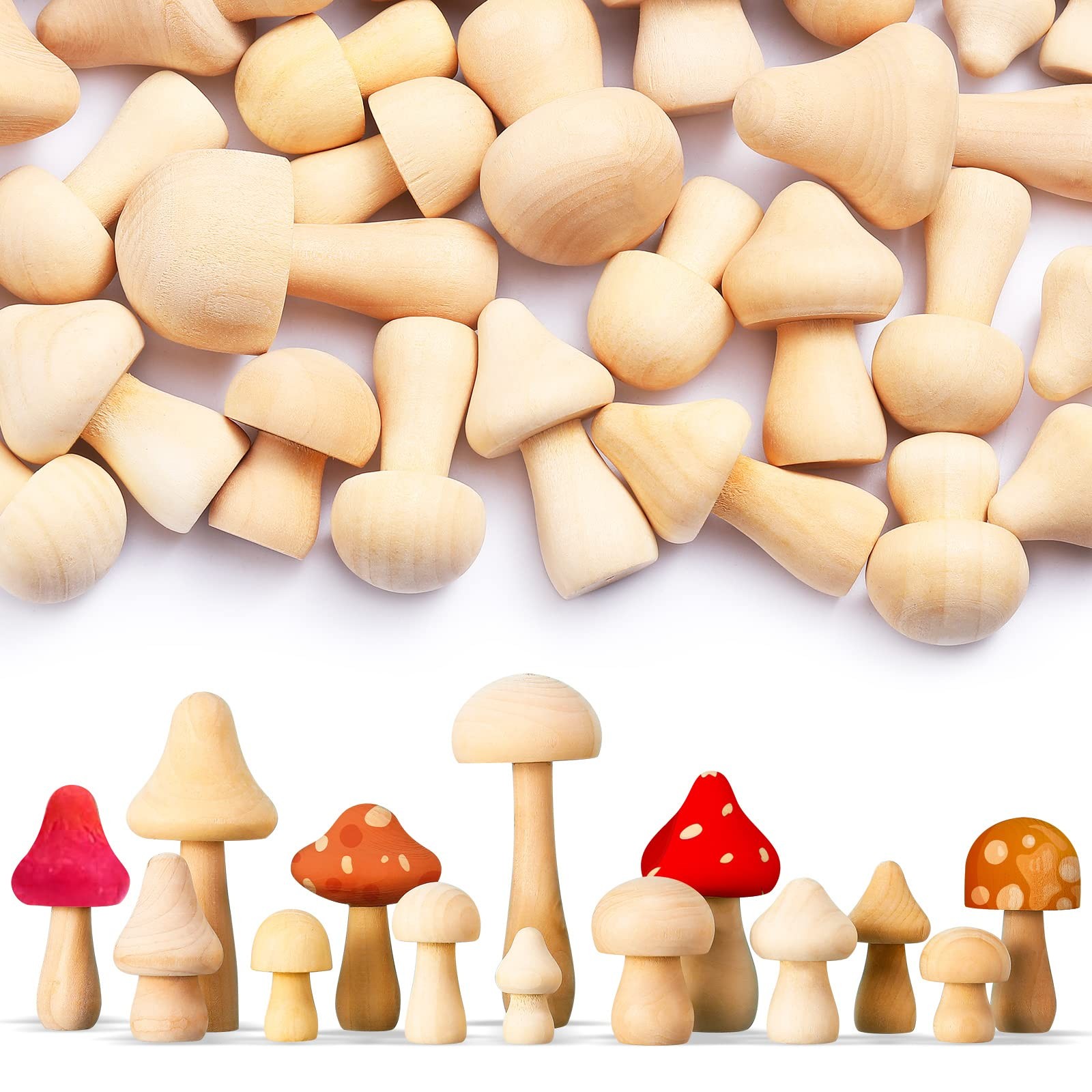 40 Pcs Unfinished Wooden Mushroom Natural Wood Mushrooms for DIY Crafts and Arts