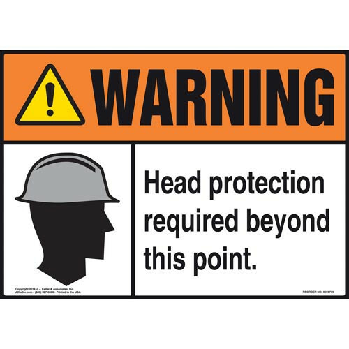 Metal Sign WARNING Head Protection Required Beyond This Point ANSI graphic