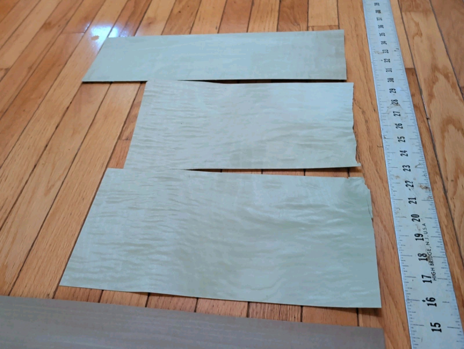 3 Pieces gray veneer 4 1/4″ x 21″ & 3 blue green pieces wood 1/42″ dyed