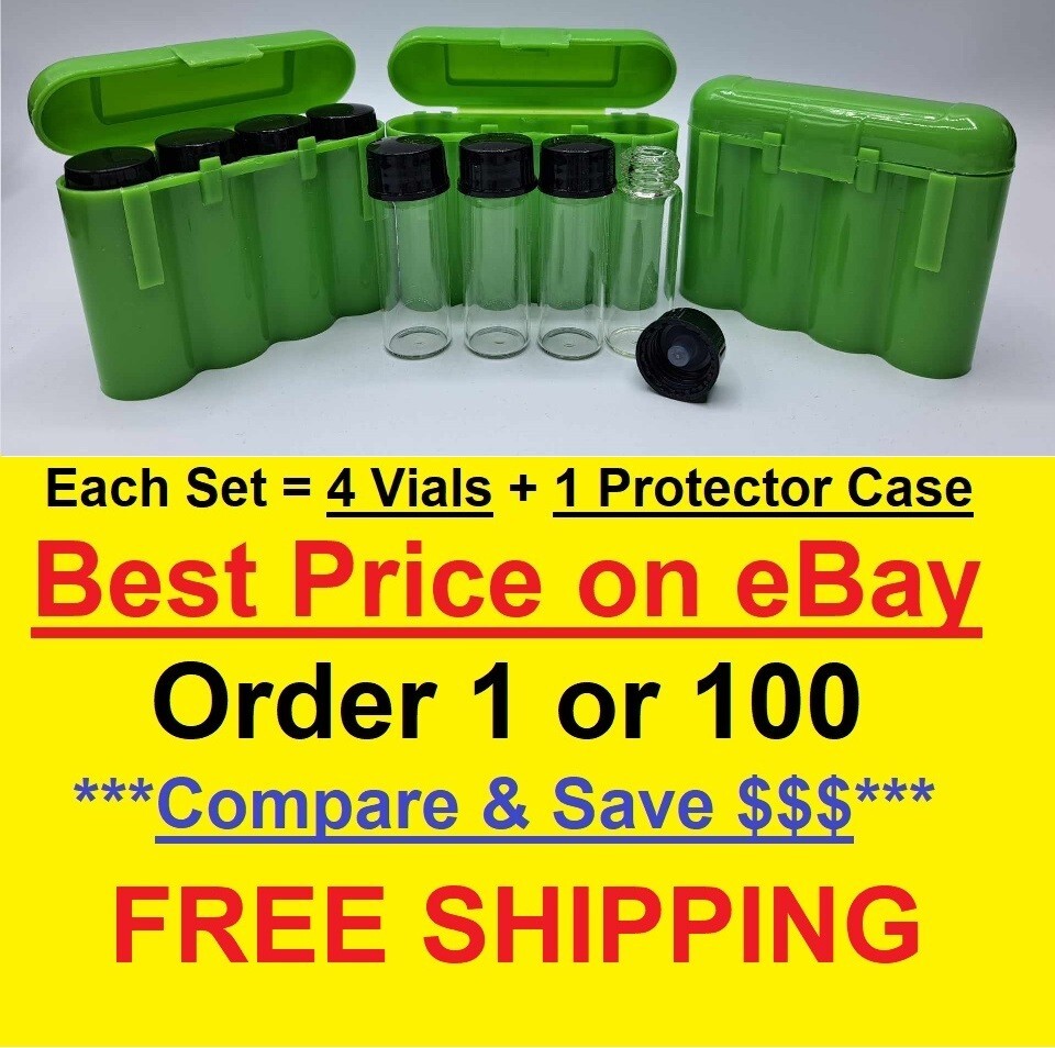 4x 1oz Gold Vials & Storage Carry Case Dredge Panning Mining Prospect GREEN 001