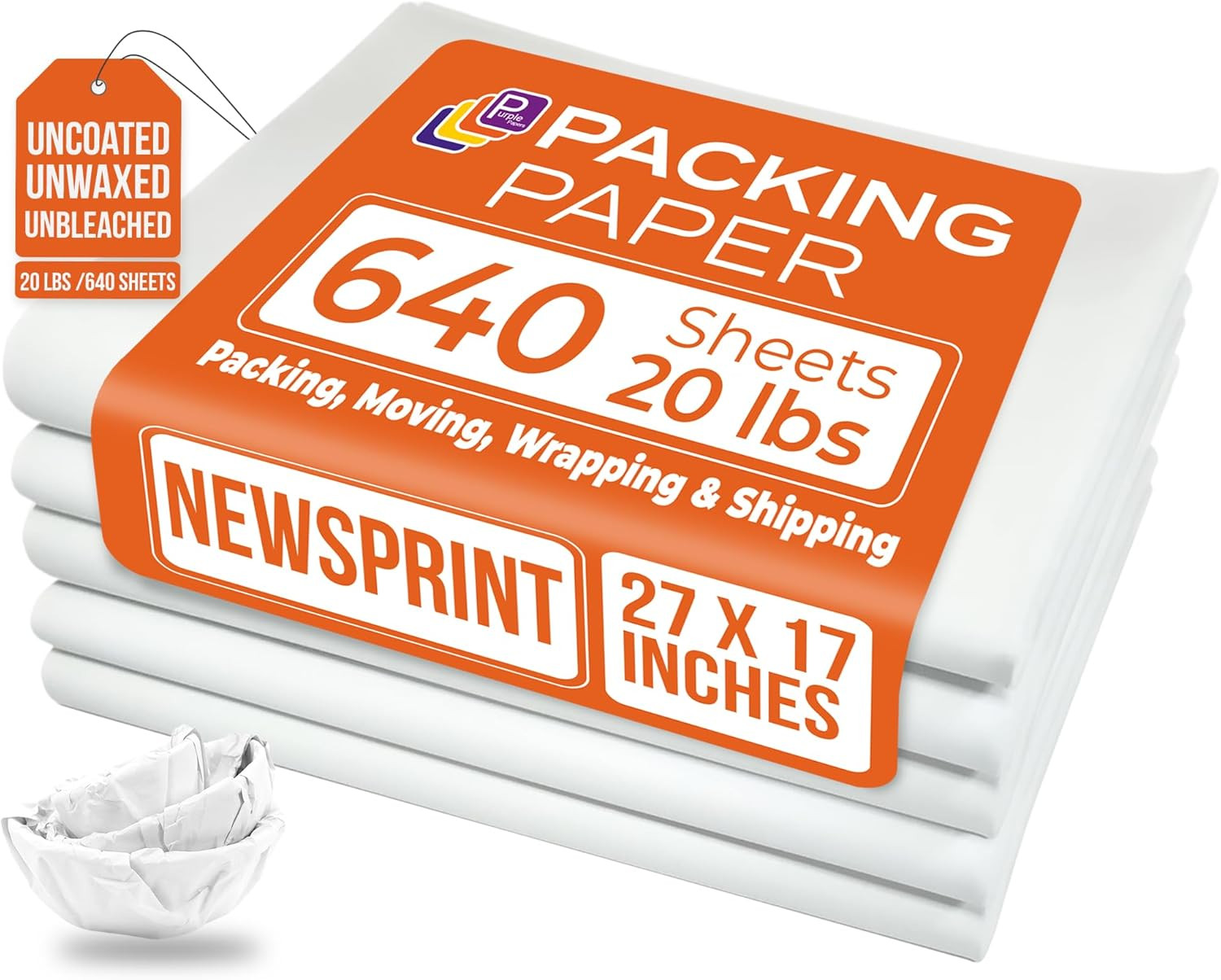 White Bulk Packing Paper Sheets for Moving | 640 Sheets | 27″ X 17″ | 20 Lb | Tw