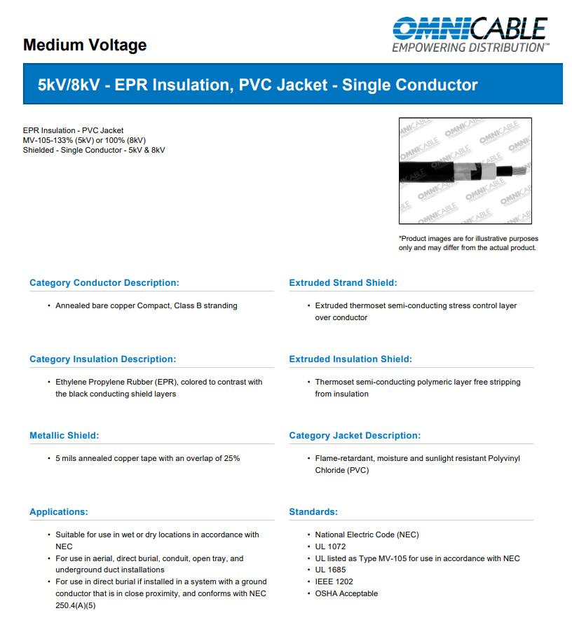 Power Cable, MV-105, 500MCM, Copper, Shielded, EPR ins, PVC Jack MVE250001